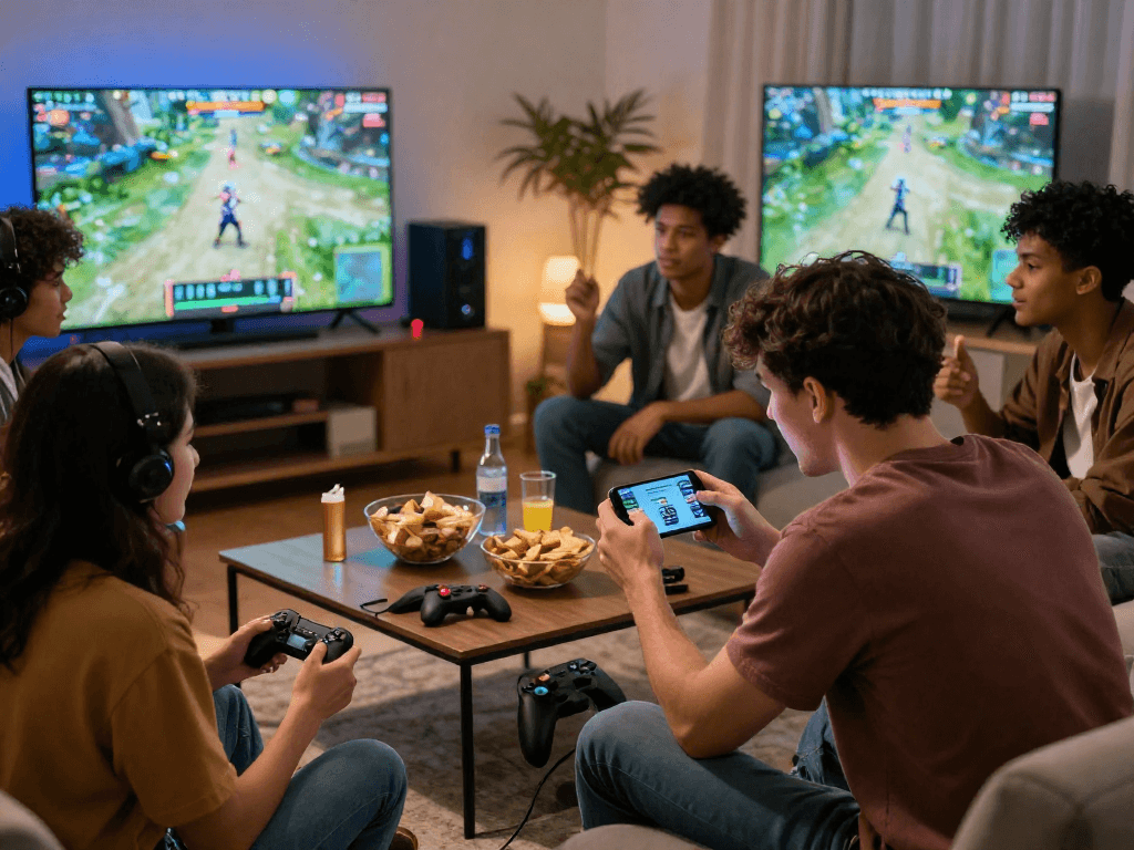 Group of friends enjoying a lively gaming session using the oxbet app in a cozy living room setting.