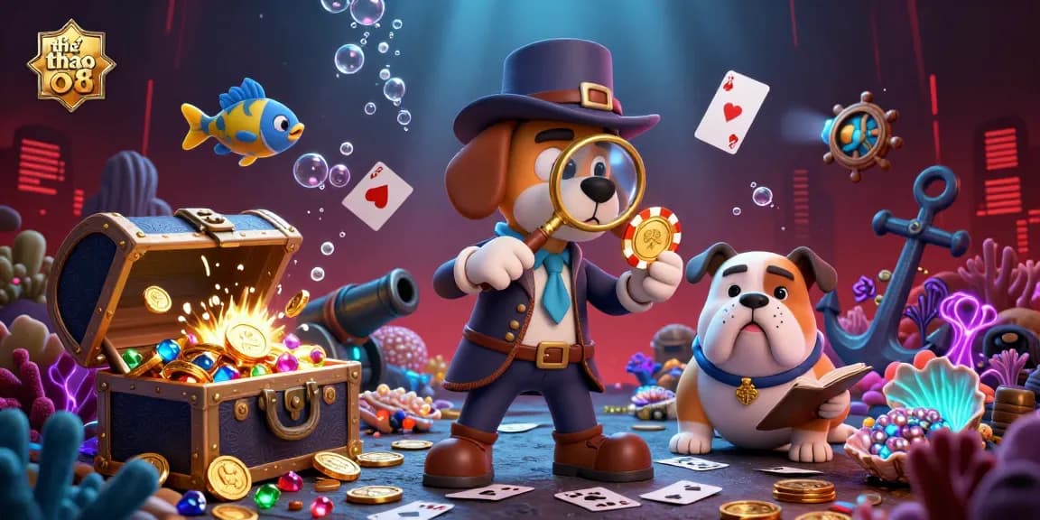 Engage with thể thao o8 in a vibrant underwater treasure hunt scene filled with gold coins, poker chips, and playful characters.