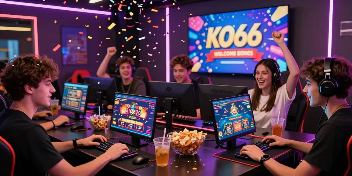 Exciting casino gaming celebration featuring KO66 welcome bonus in vibrant atmosphere.