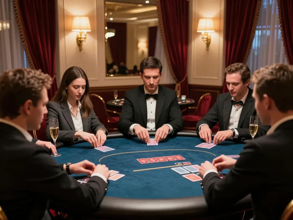 Red 88 high-stakes poker game in an elegant casino with players engaged and champagne visible