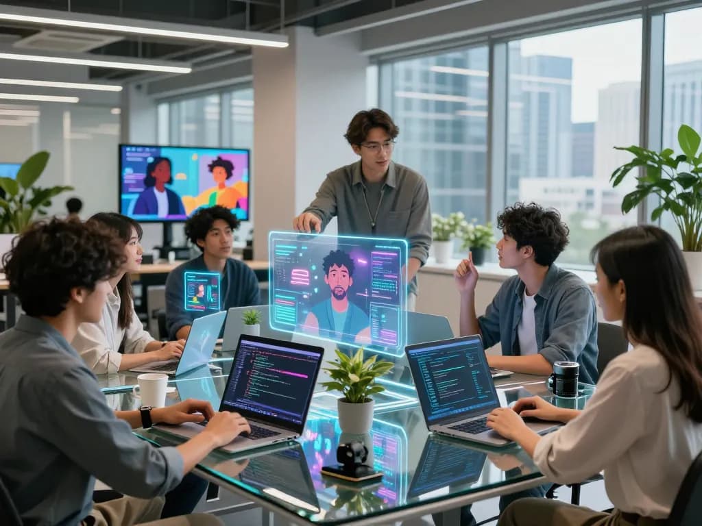 Diverse professionals engaging with juicy ai holograms in a modern tech workspace