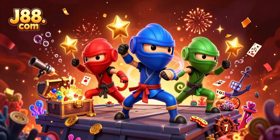 Engage with J88. com's vibrant casino illustration featuring colorful chameleon ninjas amidst treasure and festive elements.