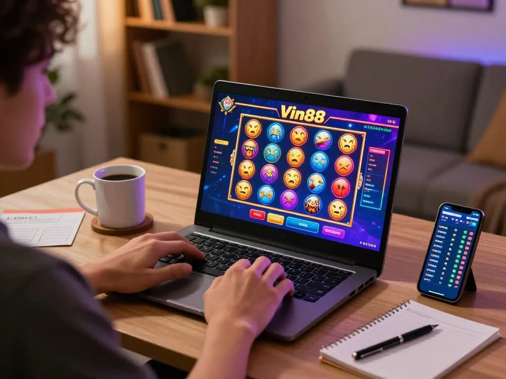 Engaging online Vin88 gaming scene showcasing vibrant slot gameplay on laptop