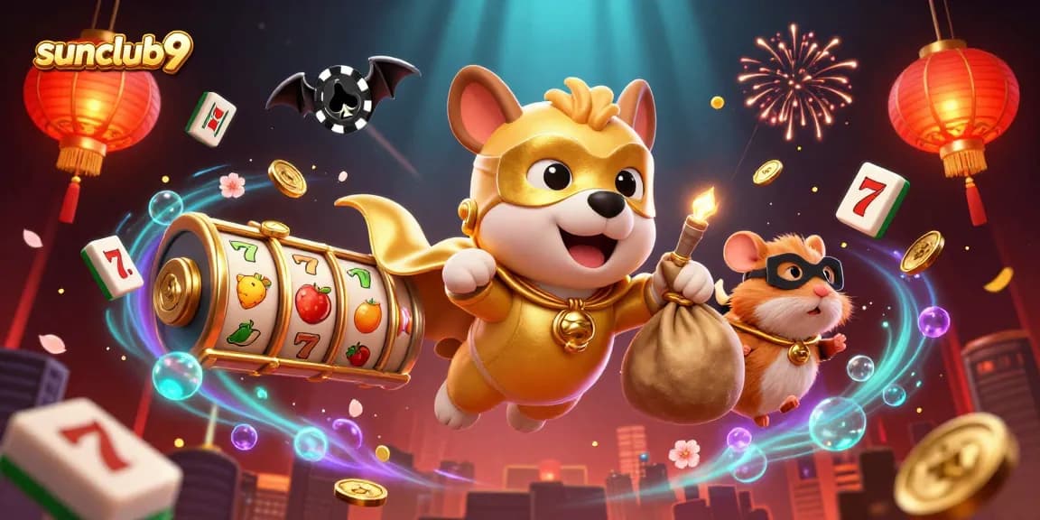 Engage in thrilling gameplay with sunclub9's dynamic casino experience, showcasing vibrant slot reels and agile characters.