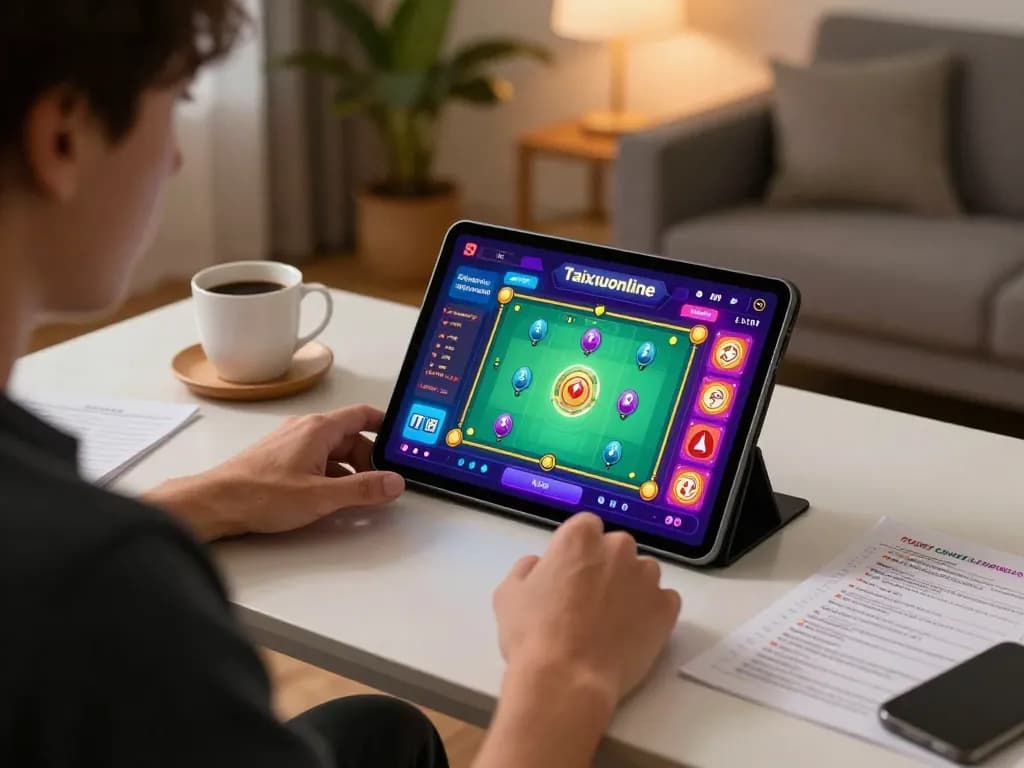 Person playing taixiuonline on a tablet in a cozy home setting, focusing on strategy and enjoyment.