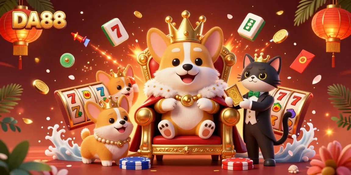 Engage with DA88 in a vibrant casino scene featuring a crowned corgi, cards, and slot reels.