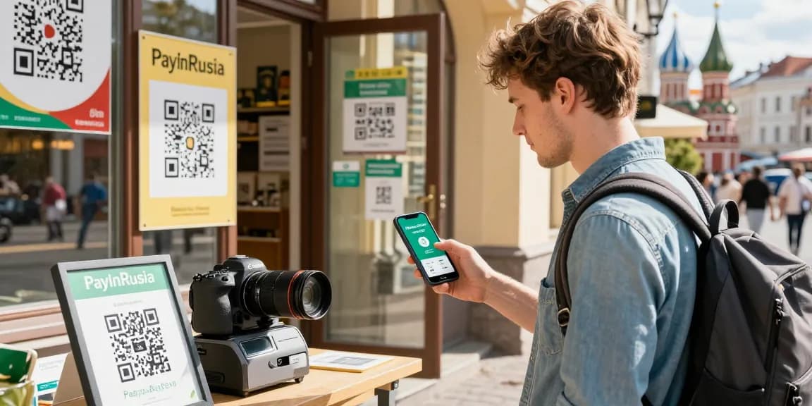 Geniet van een zorgeloze betalingservaring in Rusland met https://payinrussia.com/ in handen van een reiziger, omringd door lokale winkels en QR-codes.
