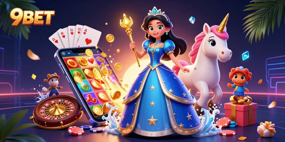 Experience the thrills of 9BET with a vivid 3D casino illustration featuring a glamorous woman and enchanting unicorn.