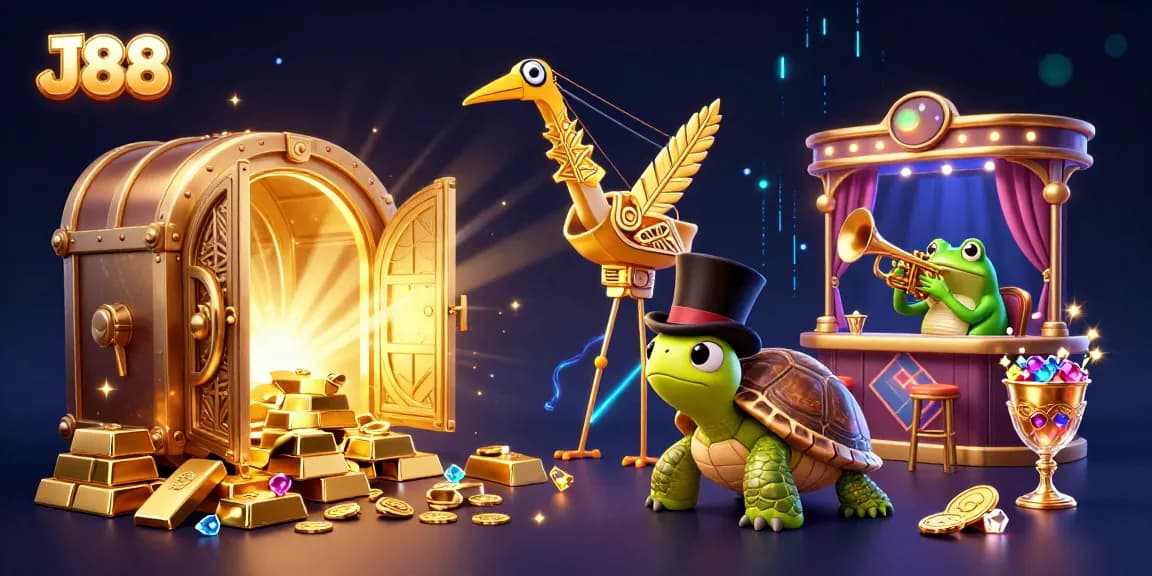 Experience J88's vibrant casino world with a whimsical scene of characters and treasures.