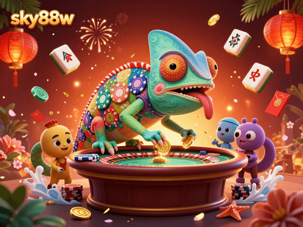 Experience the excitement of sky88w with an energetic casino scene featuring vibrant 3D elements.