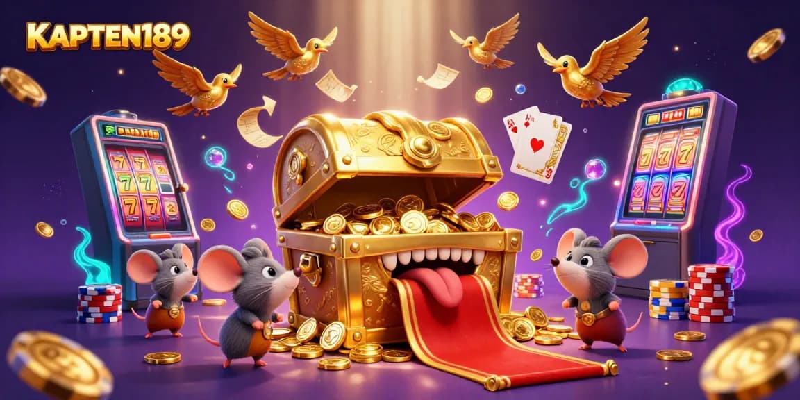 KAPTEN189 menarik perhatian pemain dengan simbol slot dan tumpukan chip poker yang megah.