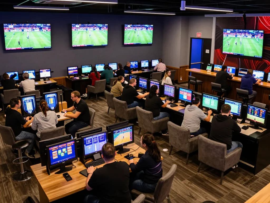 Tỷ lệ kèo nhà cái 5 being analyzed by sports betting patrons in a lively lounge atmosphere.
