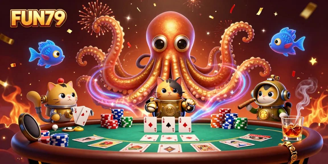 Experience FUN79 with an exciting 3D scene featuring a kraken and a diving cat amidst poker action.
