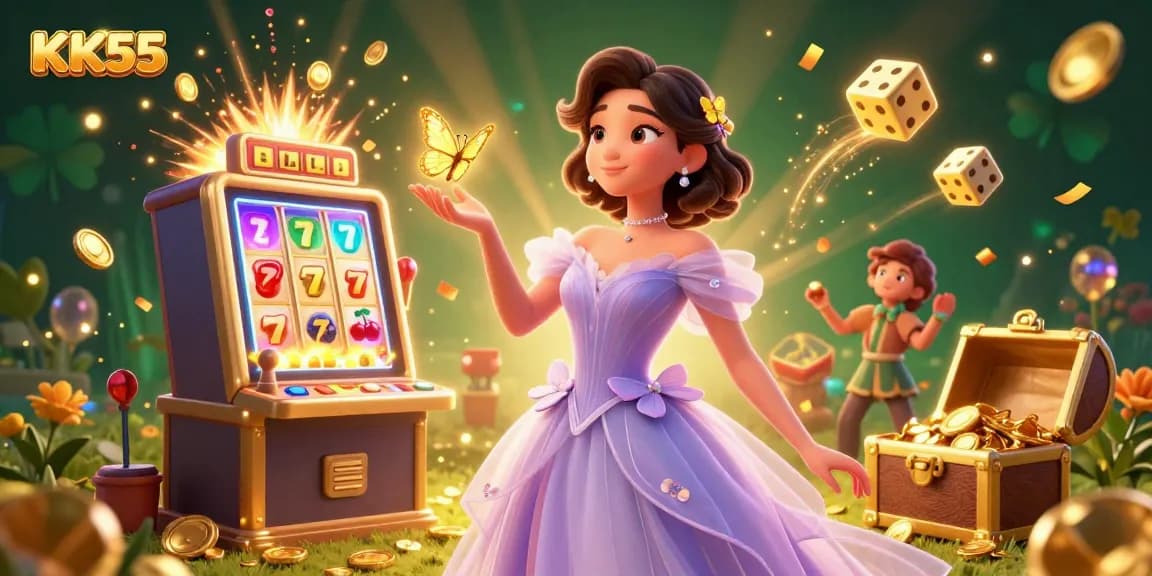 Experience the thrill of KK55 with an enchanting illustration featuring a stunning Asian woman amidst slots and dazzling casino elements.