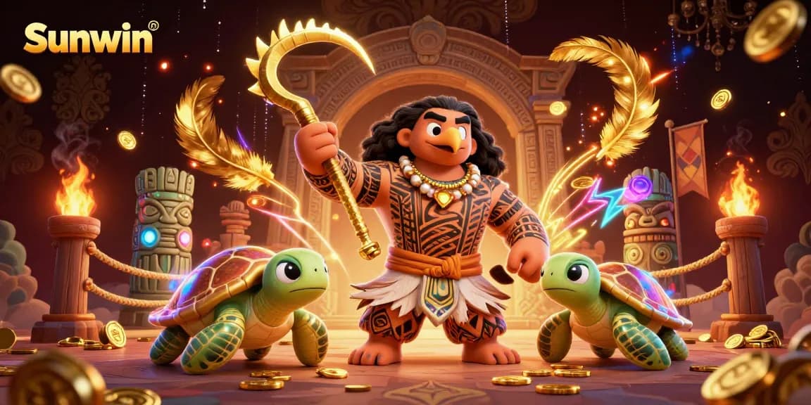 Experience thrilling gameplay at Sunwin with a Polynesian demigod and turtle sidekick, showcasing vibrant casino elements.