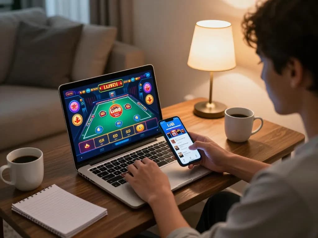Person engaging in online gambling with the Lu88 app on laptop and smartphone, enjoying a strategic gaming session at home.