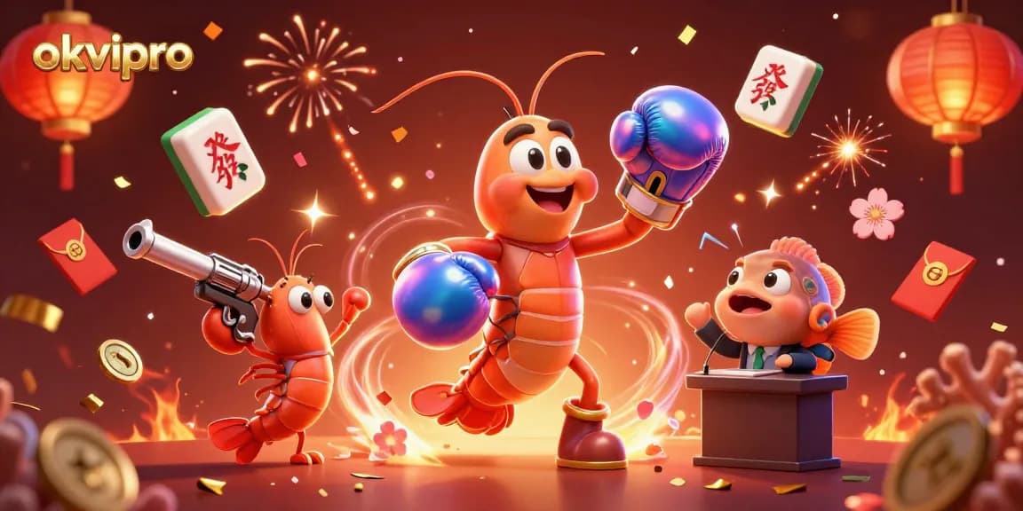 Experience excitement at okvipro with a vibrant scene featuring a mantis shrimp and friends celebrating casino wins.