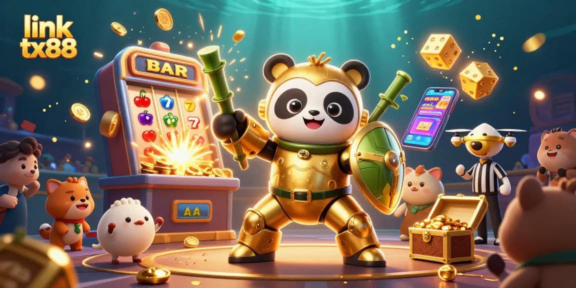 Experience the excitement of link tx88 with 3D golden panda and casino elements bursting in action.