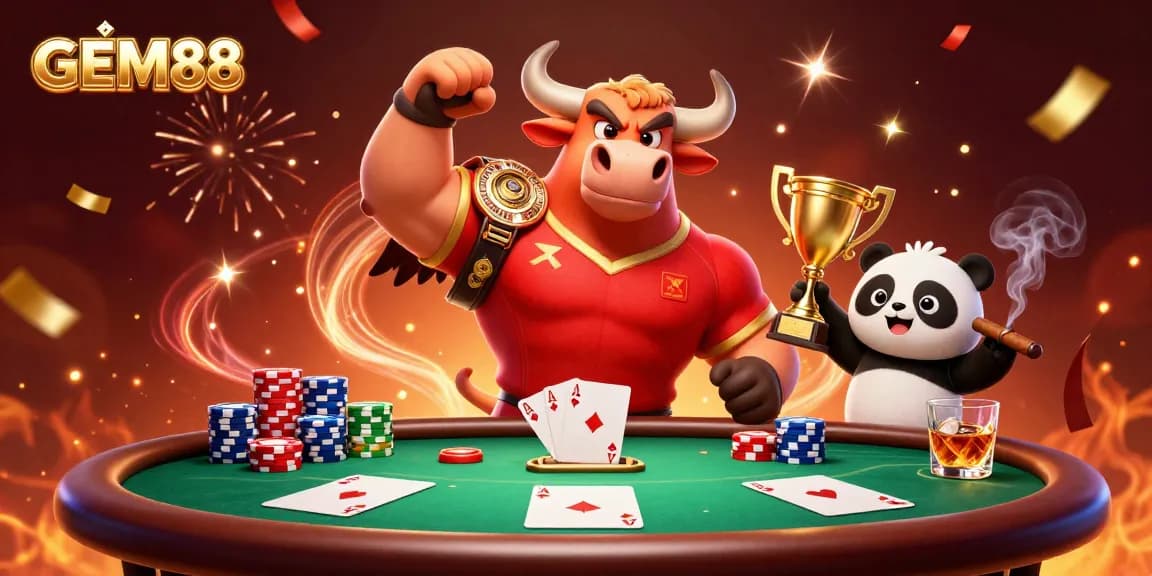 Engage with GEM88 gaming as the bull mascot celebrates victory with confetti and poker chips.