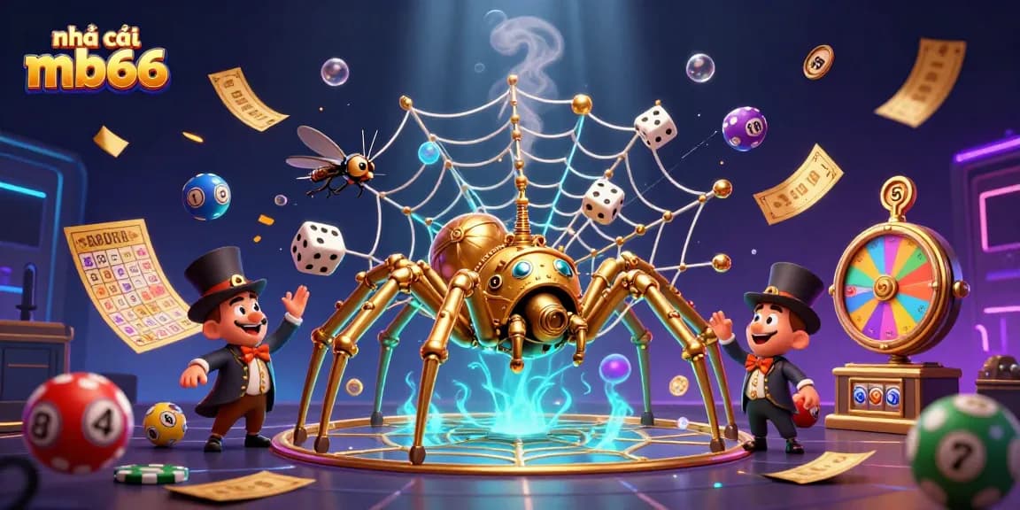 Engage with nhà cái mb66 through vibrant lottery scenes depicting colorful balls and an adventurous web.