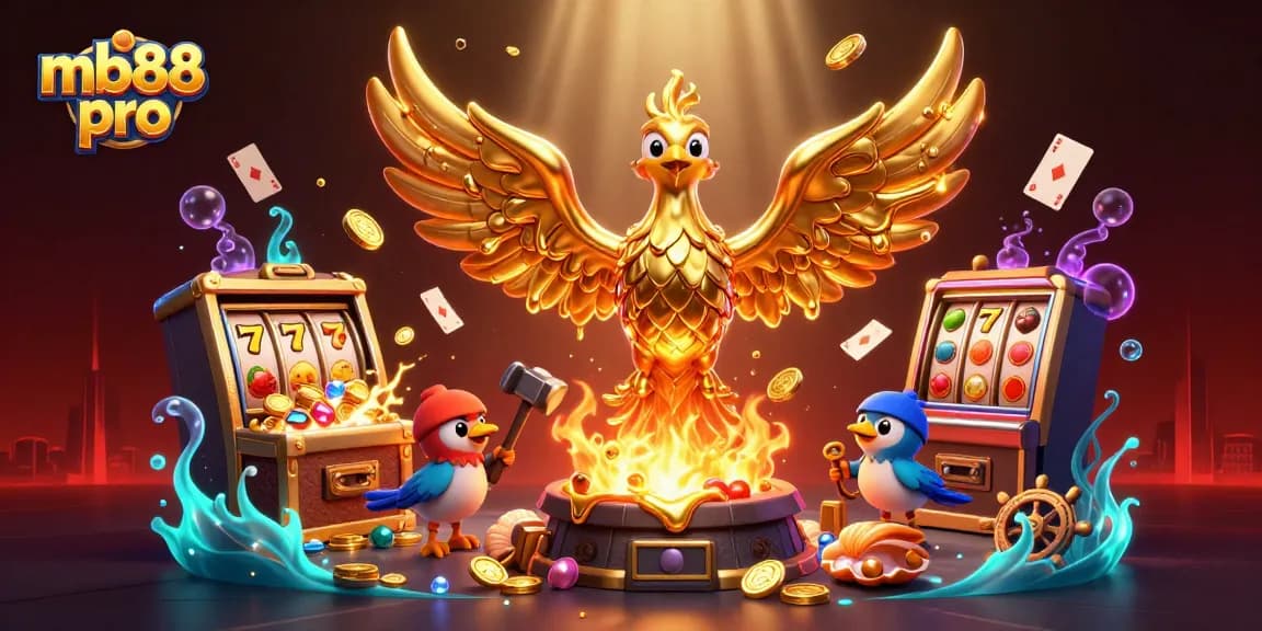 Hình ảnh mb88 pro với phượng hoàng vàng và kho báu trong thế giới casino sống động.