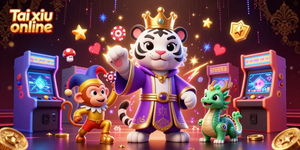 Play Tai xiu online with vibrant characters, darts, and neon casino elements.