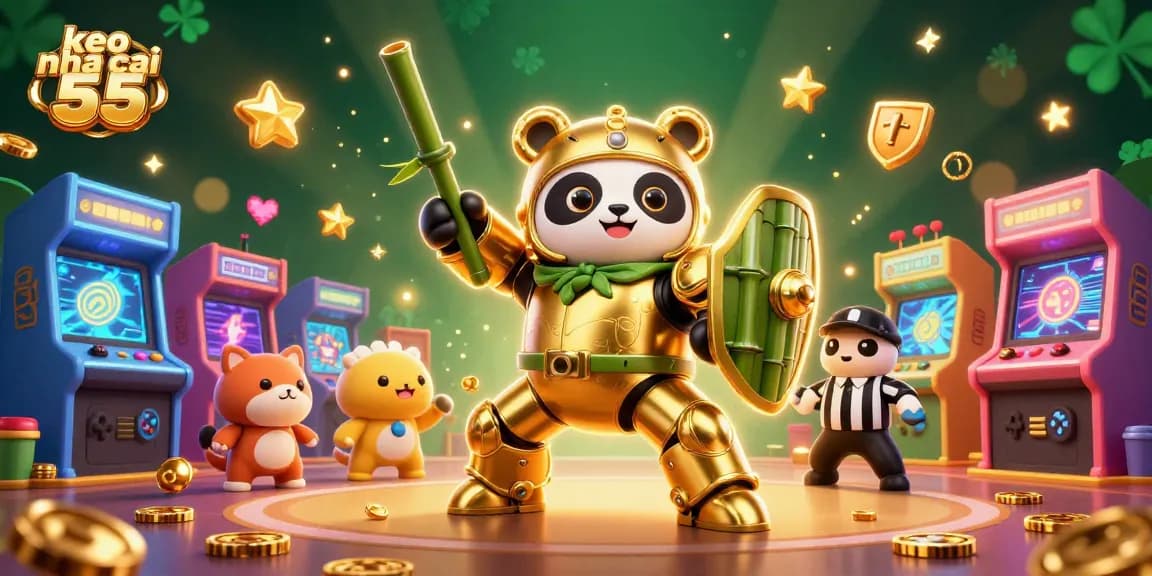 Experience thrilling keo nha cai 55 action with a golden panda fighting robot in a dynamic arcade scene.