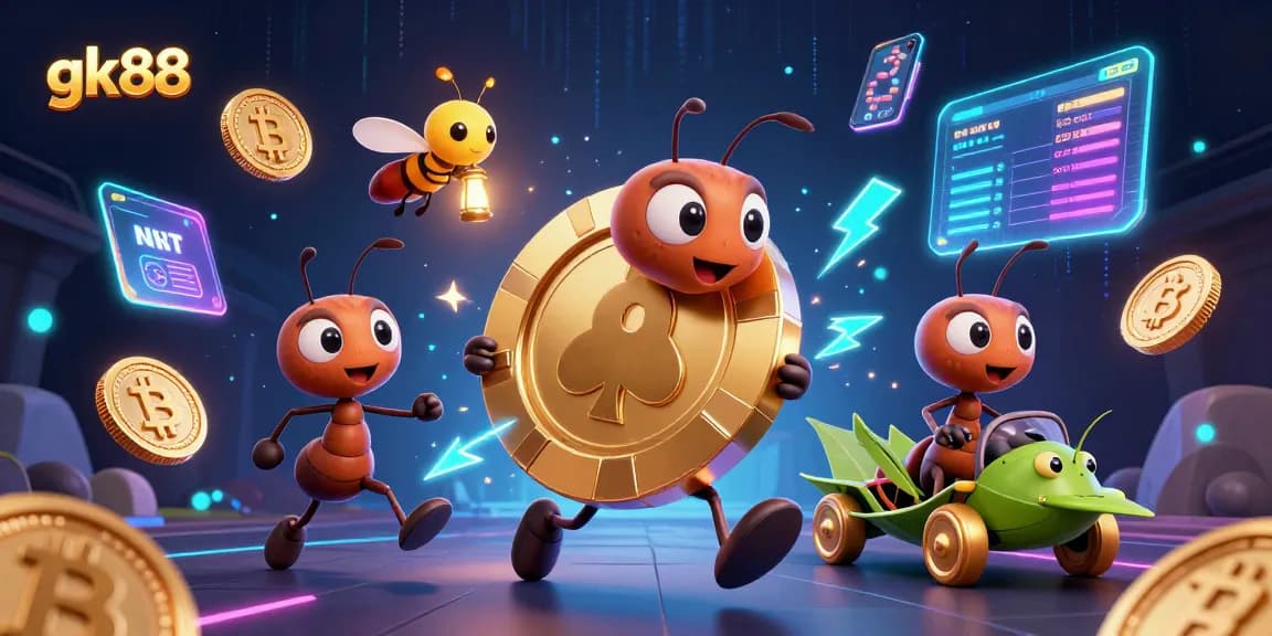 gk88 ants transport a giant golden poker chip in a vibrant casino heist scene