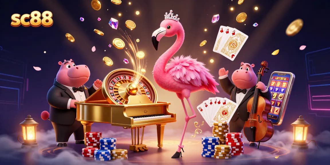 Experience thrilling gameplay at sc88 with vibrant casino characters in a dynamic illustration.