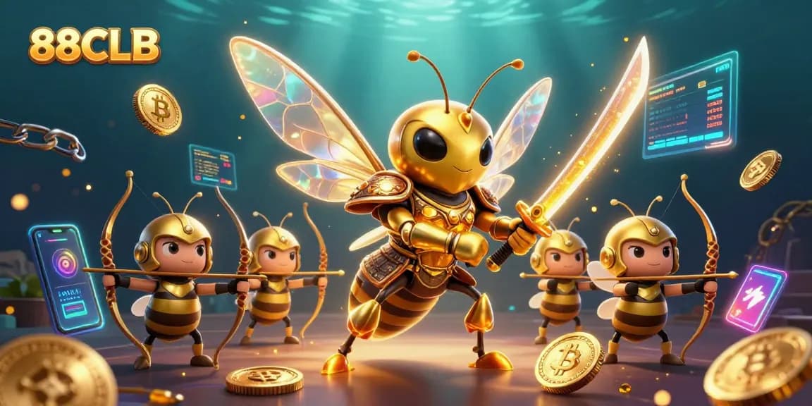 Experience thrilling gaming at 88CLB with vibrant 3D illustration showcasing crypto elements, samurai, and bee archers.