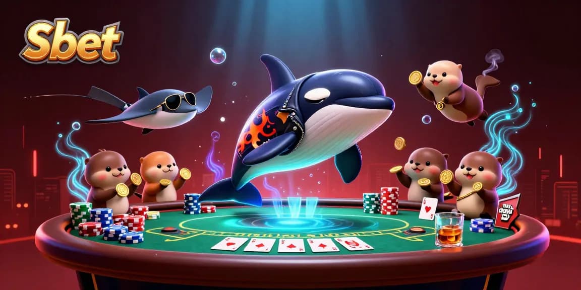 Experience the thrill of Sh bet with vibrant 3D elements featuring an orca, stingray, and otters celebrating together with poker games.