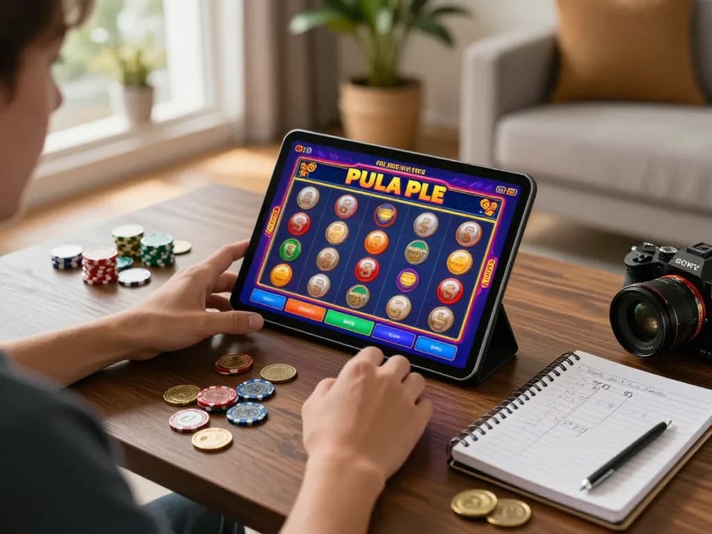 Engaging in a lively slot pulsa gaming session on a tablet at home, highlighting excitement and convenience