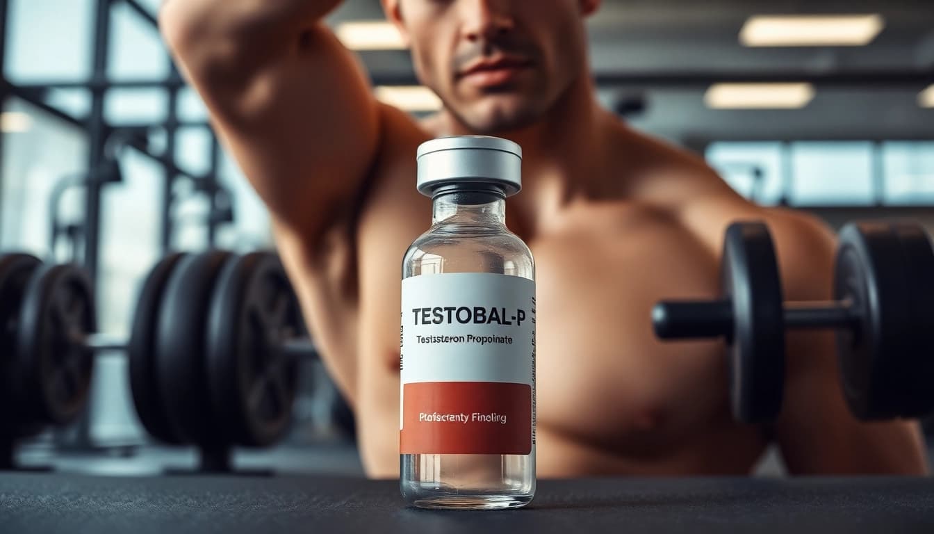 Testobal-P Testosteron Propionate vial presented prominently in a gym atmosphere.