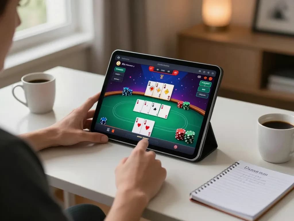 Say88 poker gaming session on tablet with vibrant interface and strategy notes.