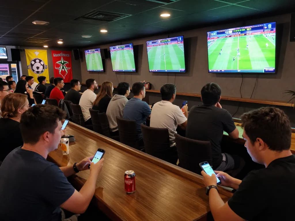 xem bóng đá Socolive with excited fans engaging in sports betting at a vibrant sports bar