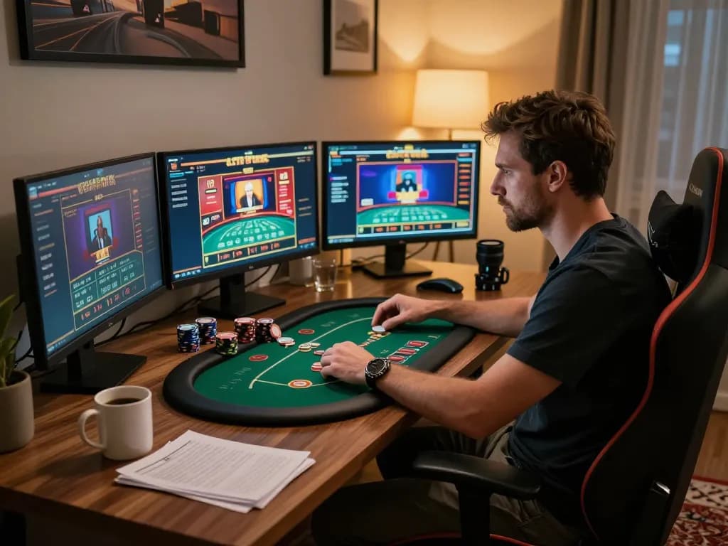 Engaging online gambling scene, featuring tic88 poker game strategy on multiple screens, showcasing professional gaming setup.