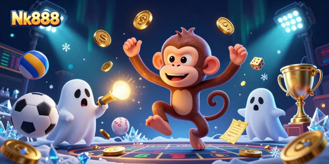 Engage with Nk888’s interactive gaming as a ghost-hunting puppy chases a mischievous monkey juggling golden coins.