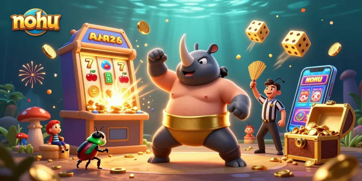 Engage in thrilling nohu jackpot wins with summoning rhinoceros beetles amidst gold sparkles and slot machines.