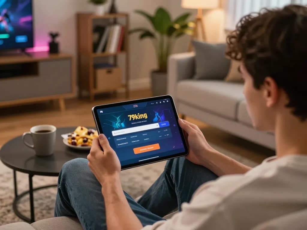 Registering for 79king easily from home, showcasing tablet gaming setup with snacks nearby.