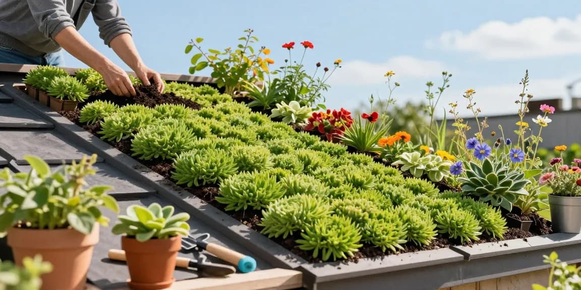 Betrokken huiseigenaar die werkt aan een sedum groendak installatie in een zonnige tuin.