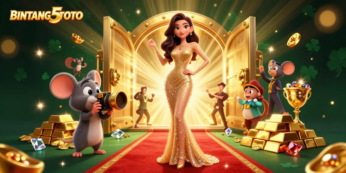 Win big with BINTANG5TOTO in a vibrant casino scene filled with gold and excitement.