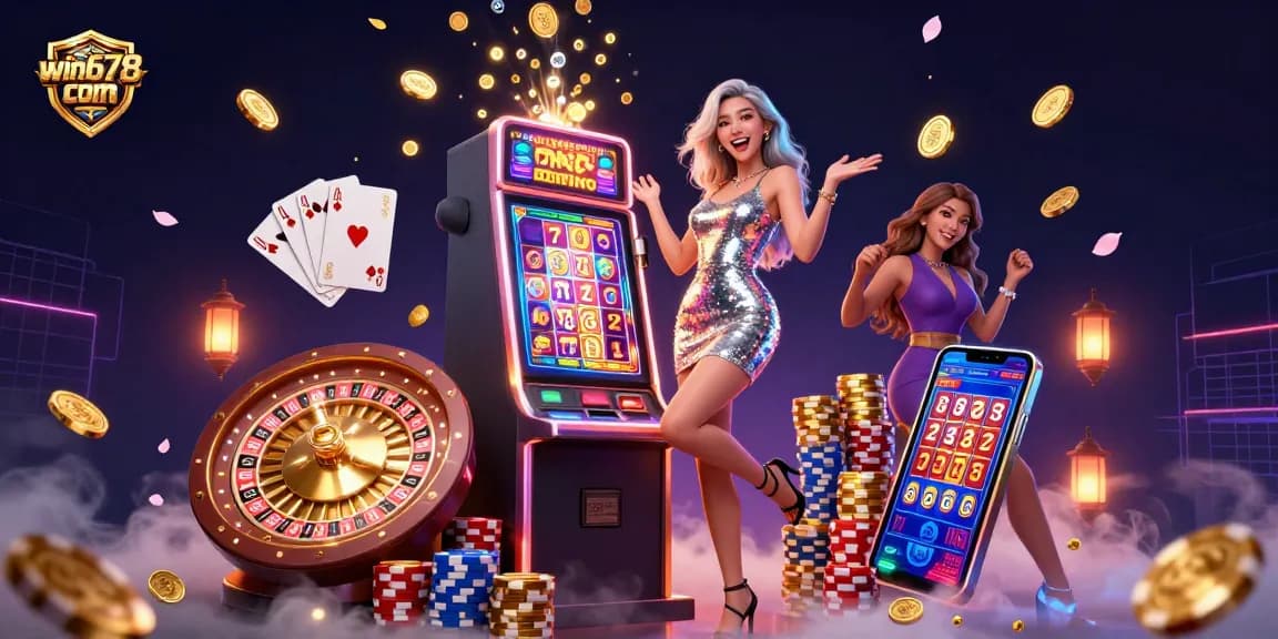 Experience the excitement of winning at win678 com with a vibrant casino scene featuring golden coins and a jackpot.
