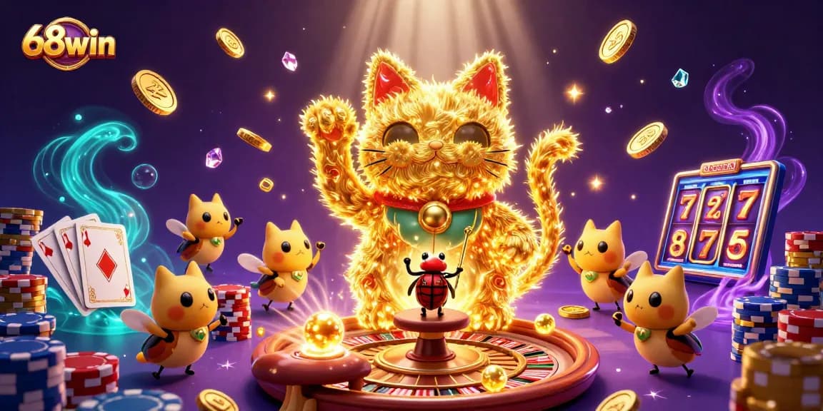 Experience the excitement at 68win with a captivating scene of a lucky cat and casino symbols.