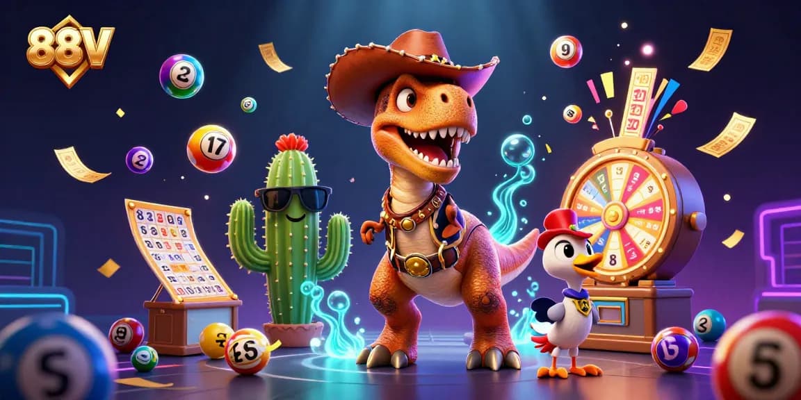 Experience vibrant winning moments with 88VV in this playful casino-themed illustration.