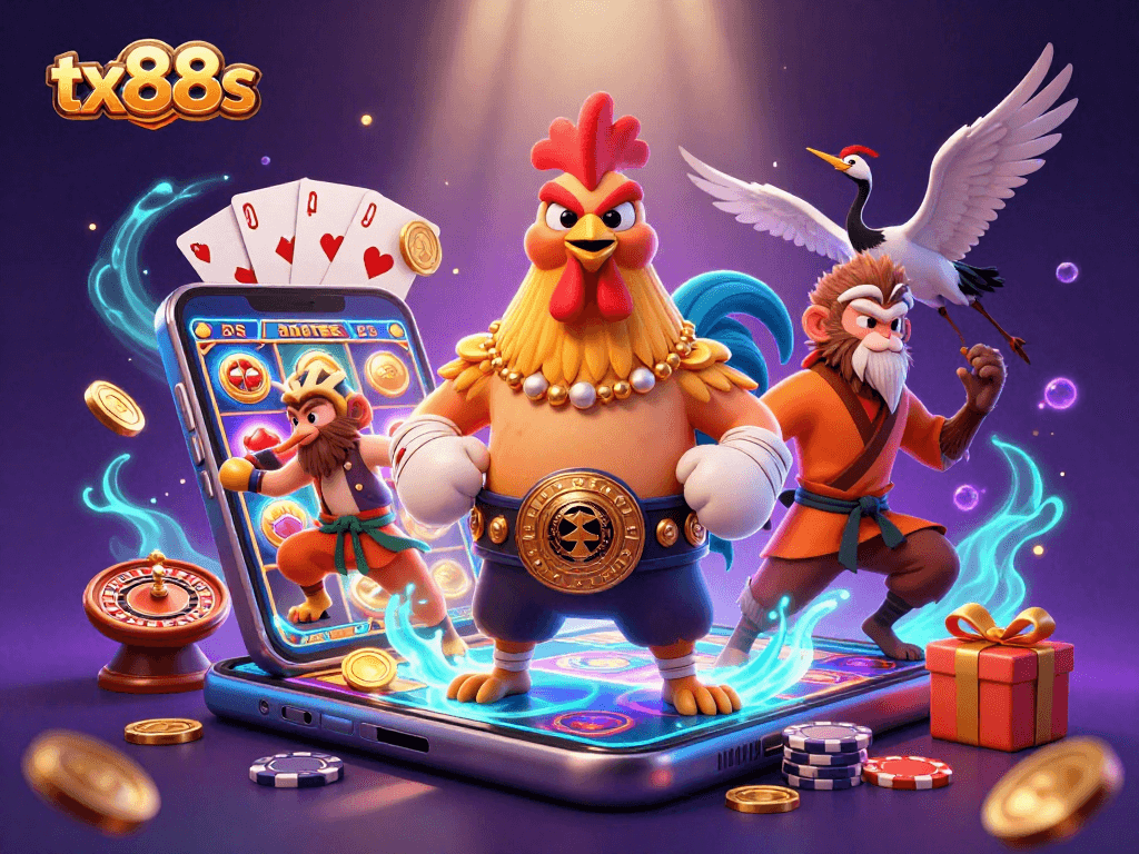 Engage with tx88s as Muay Thai rooster champions alongside a Shaolin monkey in a vibrant casino scene.