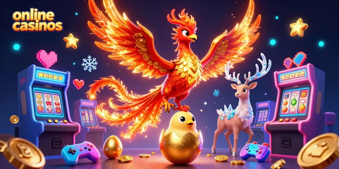 Experience vibrant online casinos with a phoenix, hatching chick, and majestic stag amidst dazzling gaming elements.