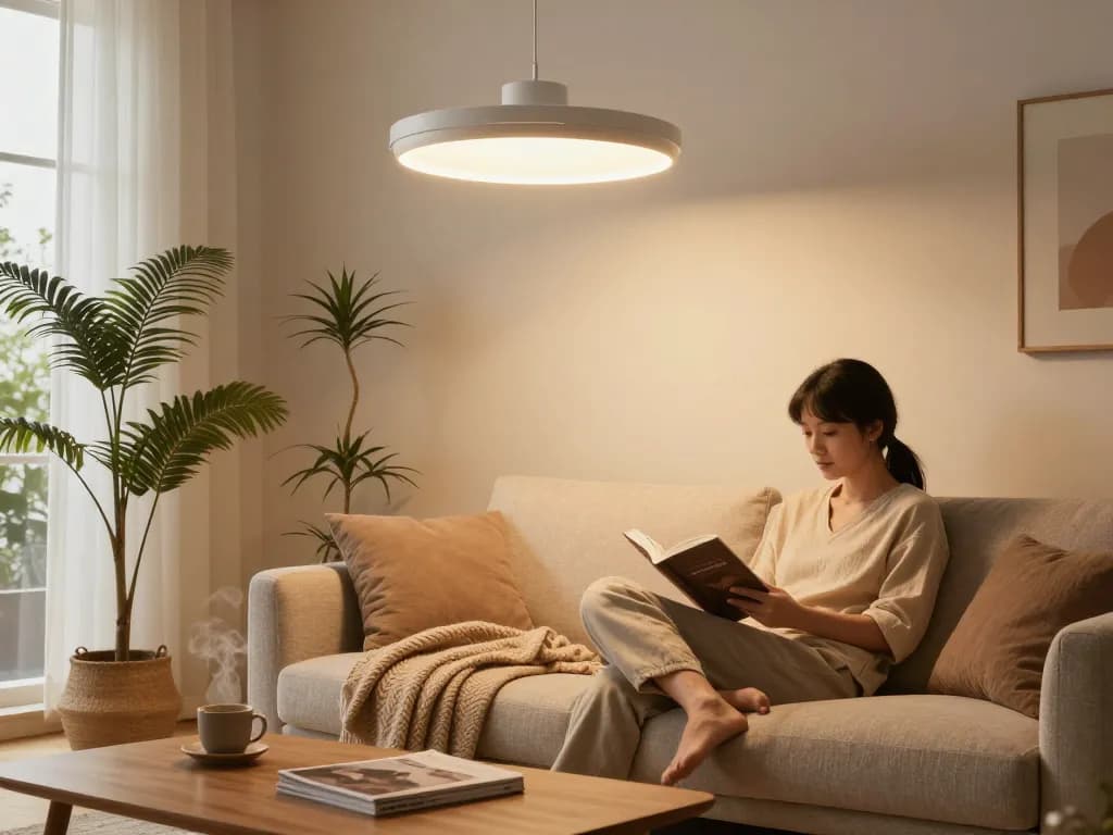 Kleine plafondventilator met lamp die een gezellige woonkamer verlicht waar koppels genieten van hun vrije tijd.