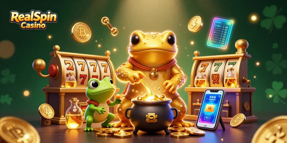 Engage with thrilling gameplay at RealSpin Casino's fantastical 3D illustration featuring gold and crypto elements.