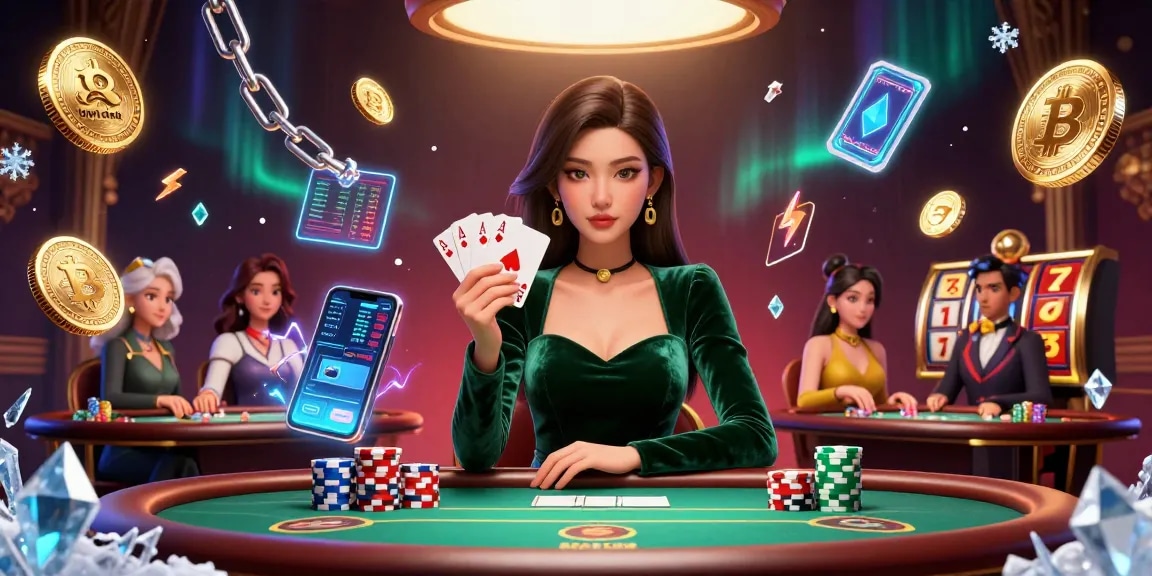 Play exciting game hitclub with a strategic Asian woman at a luxury poker table and vibrant casino elements.