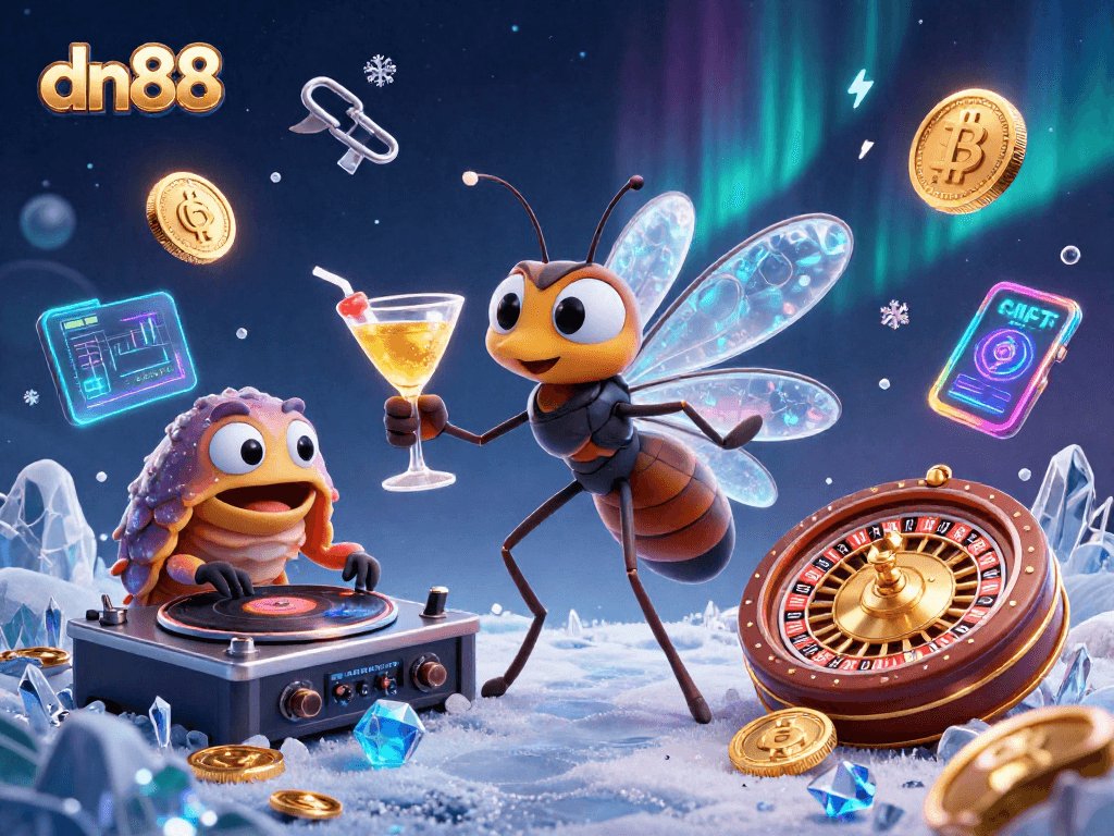 Celebrate at dn88 with vibrant casino characters and neon crypto elements in an energetic scene.